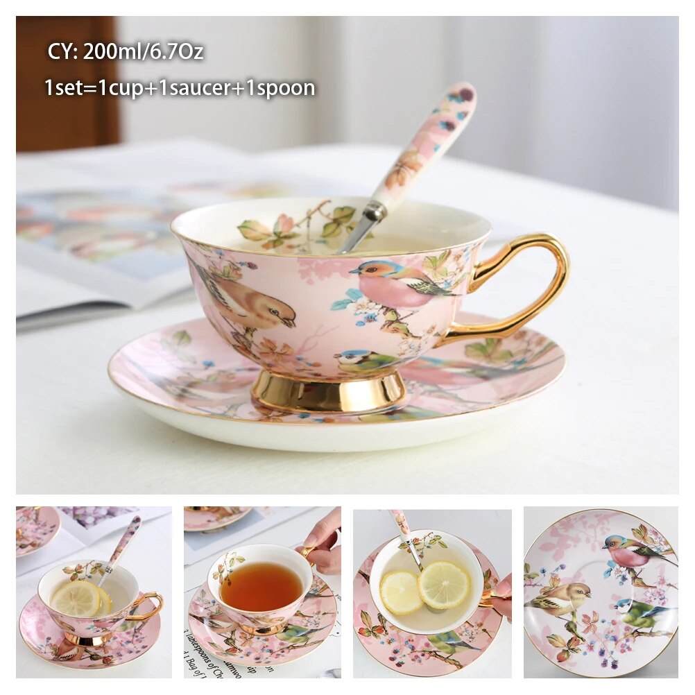 Europe Bone China Coffee Cup Saucer Spoon Set 200ml Luxury Ceramic Mug Top-grade Porcelain Tea Cup