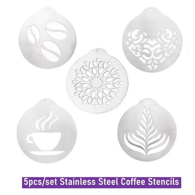 5pcs Stainless Steel Coffee Stencils Set for Latte Art, Cappuccino, and Fancy Foam Designs