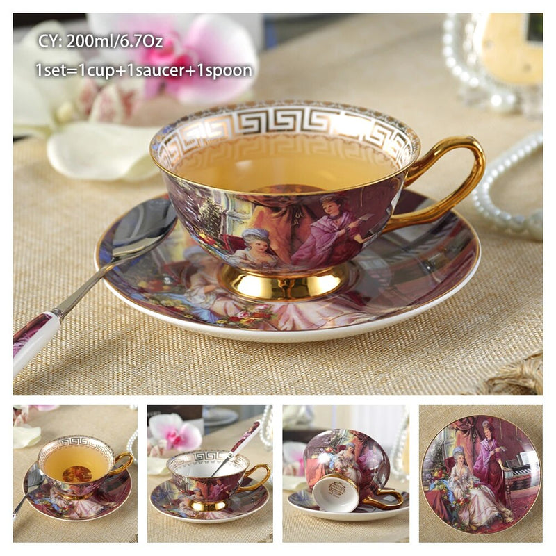 Europe Bone China Coffee Cup Saucer Spoon Set 200ml Luxury Ceramic Mug Top-grade Porcelain Tea Cup