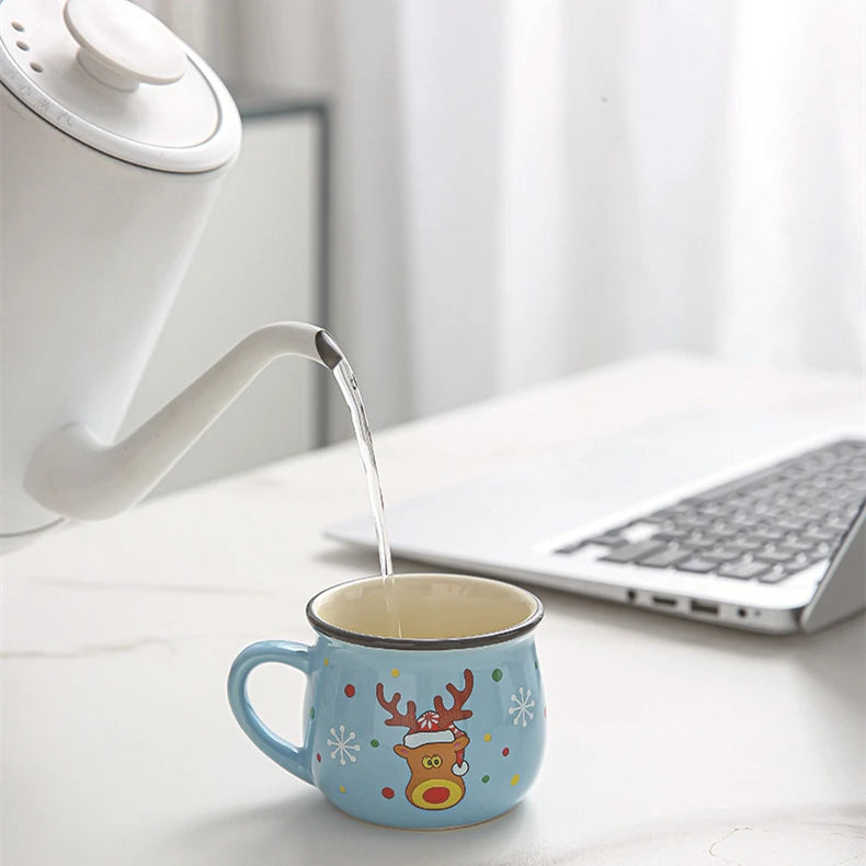 New 4/1PC Kawaii Christmas Mugs Ceramic Cups Santa Claus Elk Figurines Creative Gift Coffee Tea Cup