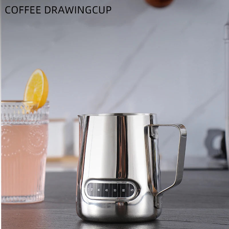 Stainless Steel Milk Frothing Jug with Temp for Latte Art, Coffee, Espresso – 350ml, 600ml, 900ml