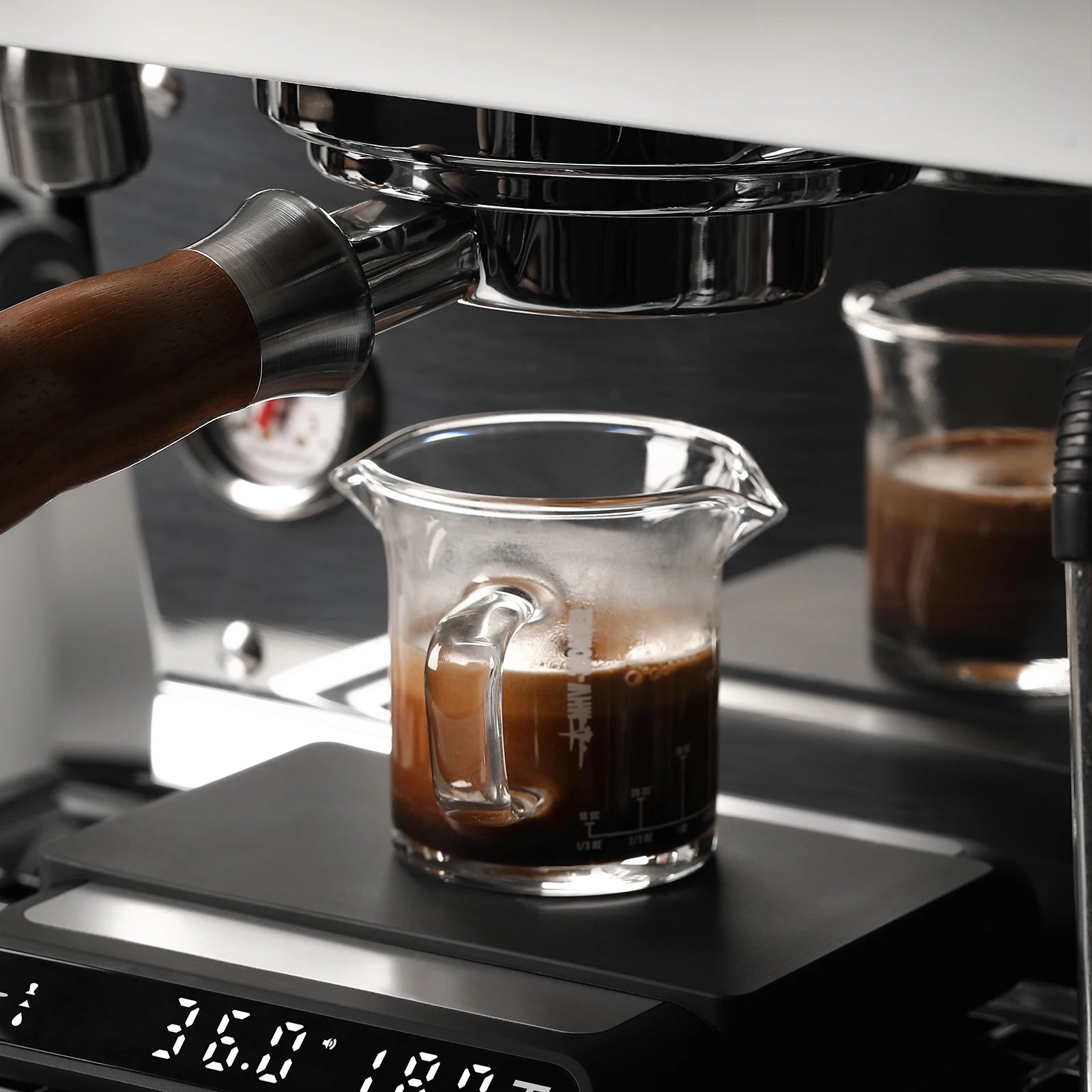 MHW-3BOMBER Double Espresso Shot Glass 2oz Double Spouts Espresso Measuring Cup with handle Mini Jug