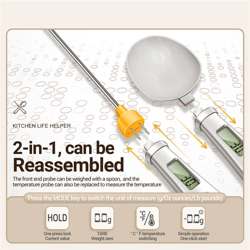 2 in 1 Electronic Kitchen Scale LCD Digital Measuring Food Digital Spoon Mini Thermometer Tool Scale