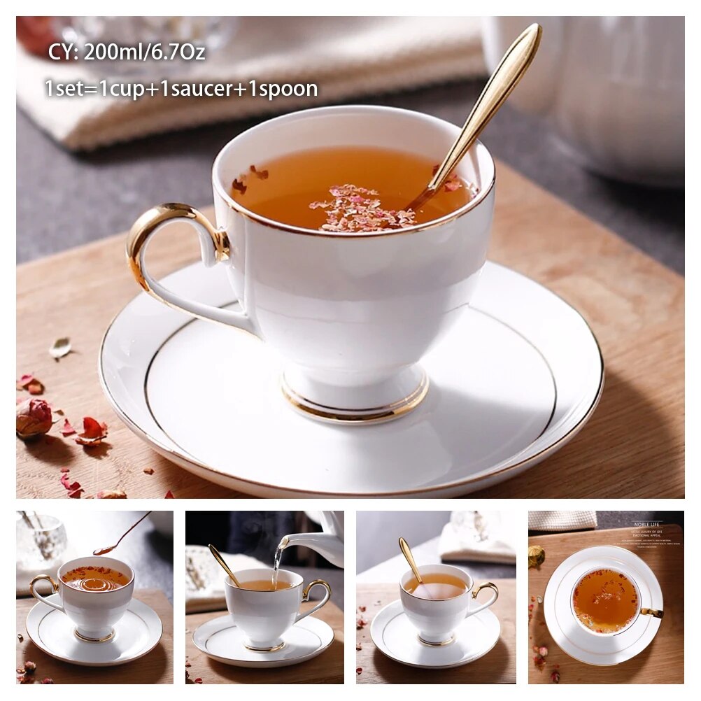 Europe Bone China Coffee Cup Saucer Spoon Set 200ml Luxury Ceramic Mug Top-grade Porcelain Tea Cup