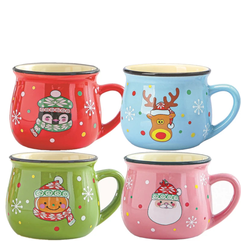 New 4/1PC Kawaii Christmas Mugs Ceramic Cups Santa Claus Elk Figurines Creative Gift Coffee Tea Cup