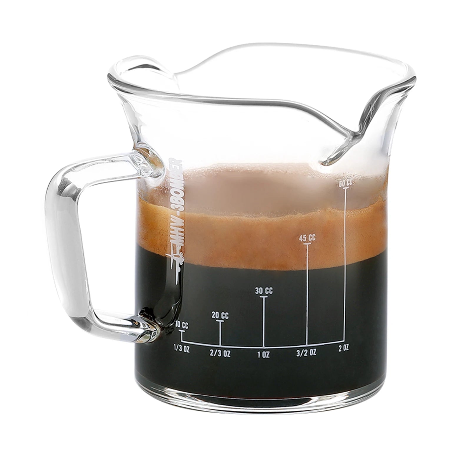 MHW-3BOMBER Double Espresso Shot Glass 2oz Double Spouts Espresso Measuring Cup with handle Mini Jug