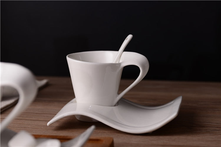 Creative wavy ceramic fancy coffee cup and saucer set European small luxury set 90ml/130ml/200ml