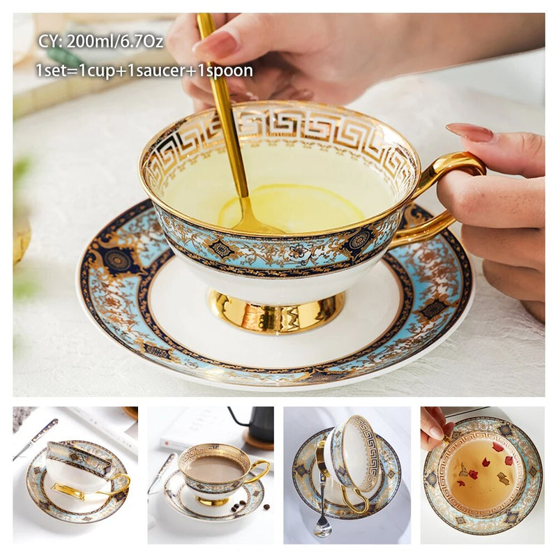 Europe Bone China Coffee Cup Saucer Spoon Set 200ml Luxury Ceramic Mug Top-grade Porcelain Tea Cup