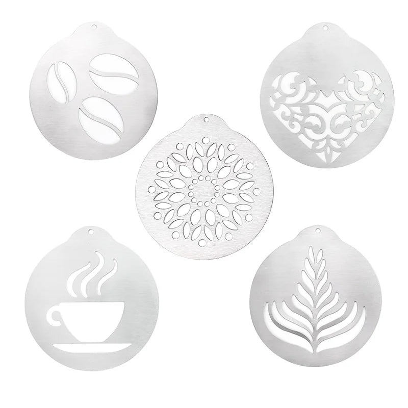 5pcs Stainless Steel Coffee Stencils Set for Latte Art, Cappuccino, and Fancy Foam Designs
