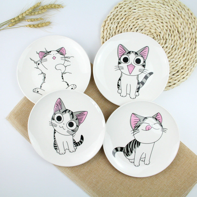 1 PC Cute Cartoon Cat Creative Dishes White Ceramic Plates Steak Western-style Food Rice Soup Bone