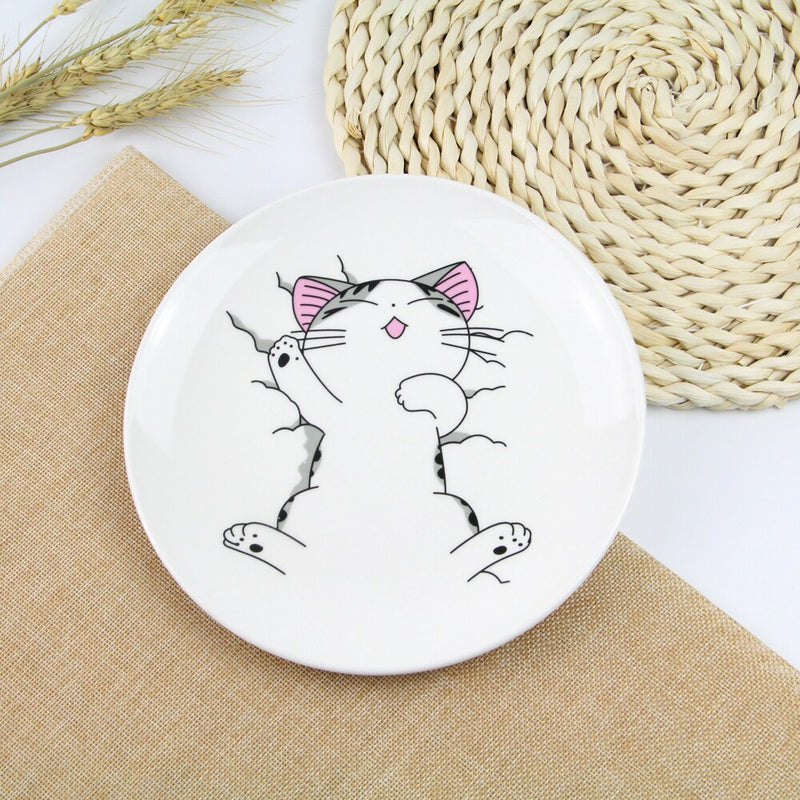 1 PC Cute Cartoon Cat Creative Dishes White Ceramic Plates Steak Western-style Food Rice Soup Bone