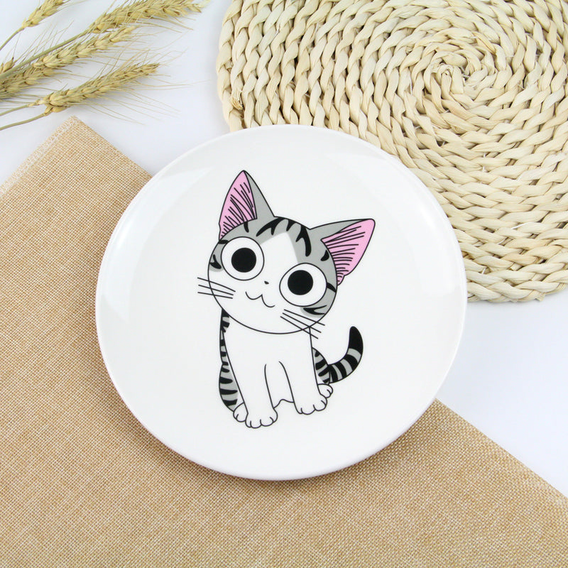 1 PC Cute Cartoon Cat Creative Dishes White Ceramic Plates Steak Western-style Food Rice Soup Bone