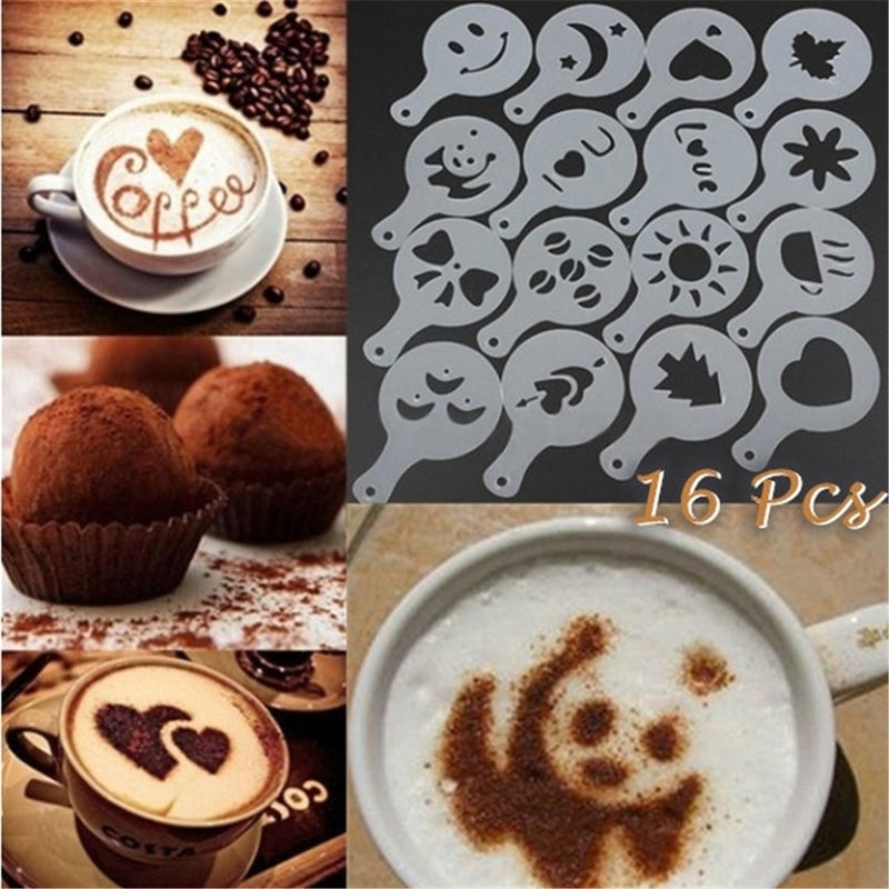 16Pcs Plastic Cappuccino Coffee Foam Spray Template Stencils DIY Decorating Coffee Printing Mold