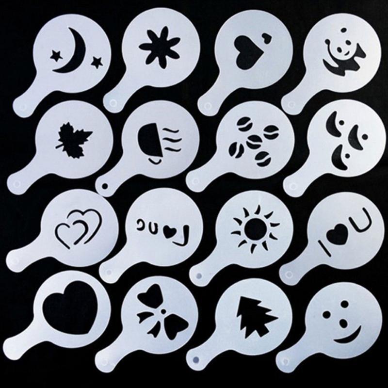 16pcs Cappuccino Coffee Art Stencils Template Strew Flowers Pad Duster Spray for Coffee Decoration
