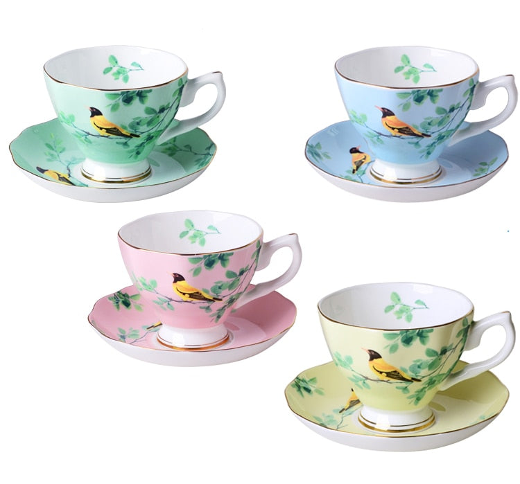 180ML. bone china craft cups for tea, antique-porcelain-cups, vintage bird painting, ceramic