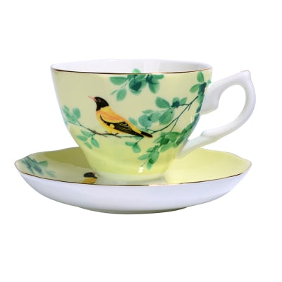 180ML. bone china craft cups for tea, antique-porcelain-cups, vintage bird painting, ceramic