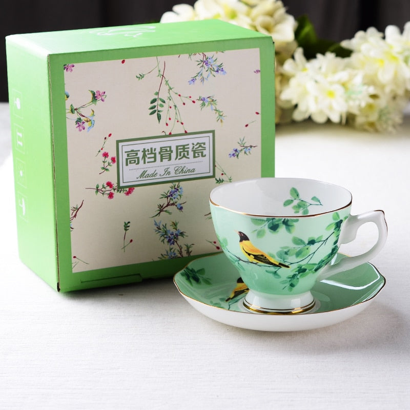 180ML. bone china craft cups for tea, antique-porcelain-cups, vintage bird painting, ceramic