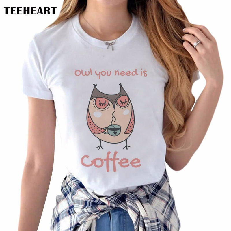 T Shirt Women New Arrivals Owl Coffee Printed Short Sleeve Casual Top Tees