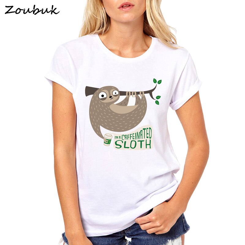 Summer Cute Coffee Owl Sloth Cat squirrel penguin design T shirt Women Lovely Cartoon