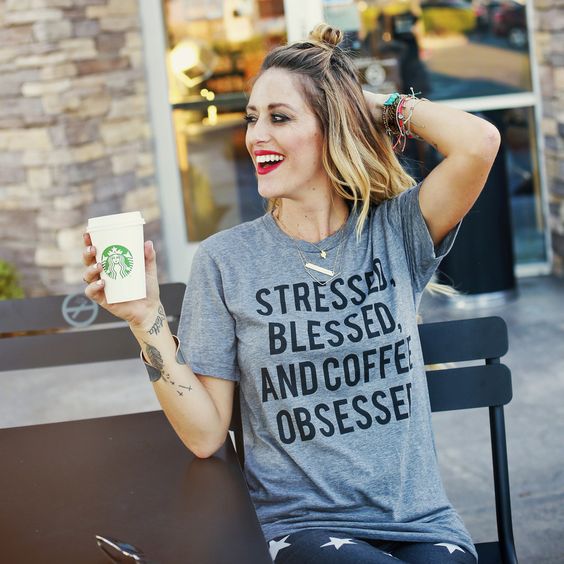 Stressed Blessed and Coffee Tees Short Sleeve O-neck Cotton Grey T-shirts for Women Loose T-shirts