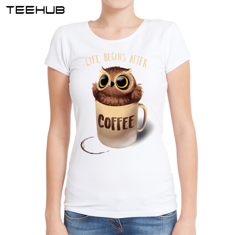 Women Summer Cute Owl In Coffee Cup Printed Short Sleeve T-shirt Lady Tops Novelty Tees