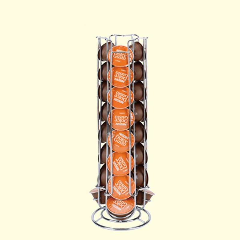 24 Cups Rotatable Coffee Pod Holder Iron Chrome Plating Display Capsule Rack Stand Storage Shelves
