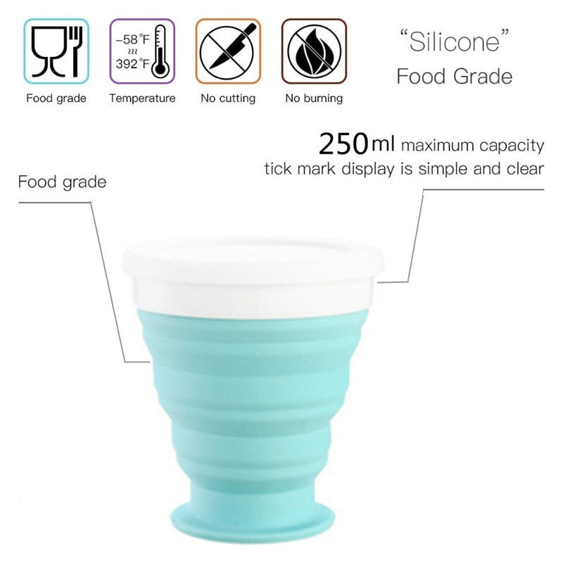 250ml NEW Portable Silicone Retractable Folding Cup with Lid Outdoor Drinking Cup Travel Camping