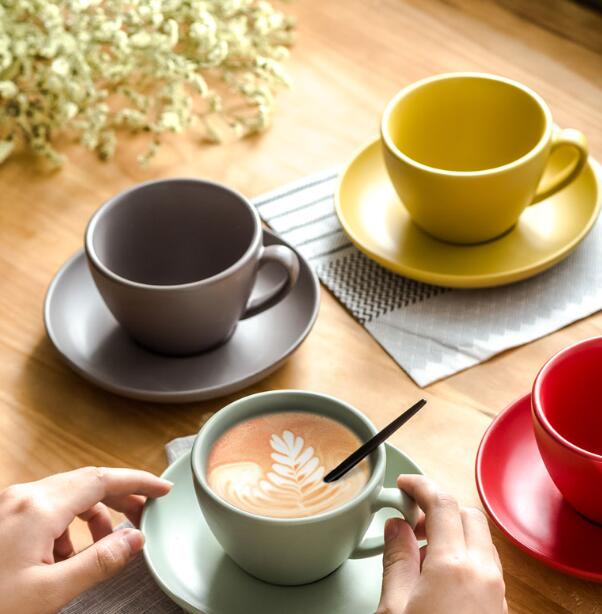 300ml colorful fashion quality ceramic Coffee Cup and Saucer matte finish cappuccino cups latte cups