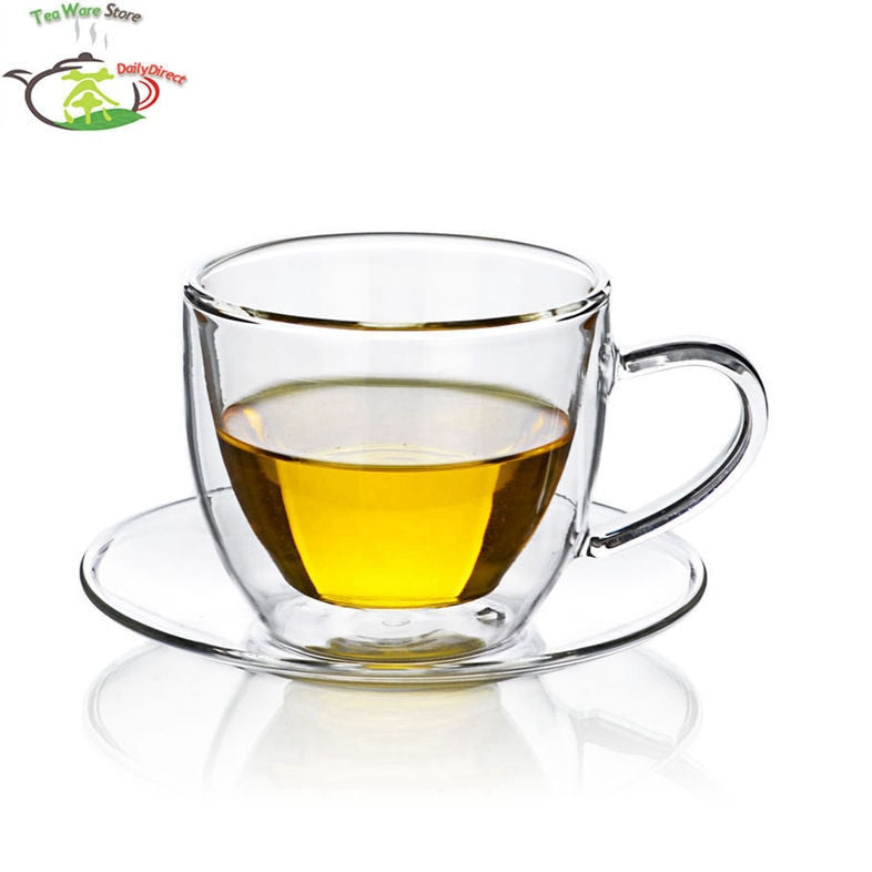 4 pcs/lot New Handmade Tea Cup Set - Heat Resistant Double Wall Tea Coffee Cup 160ml + Saucer