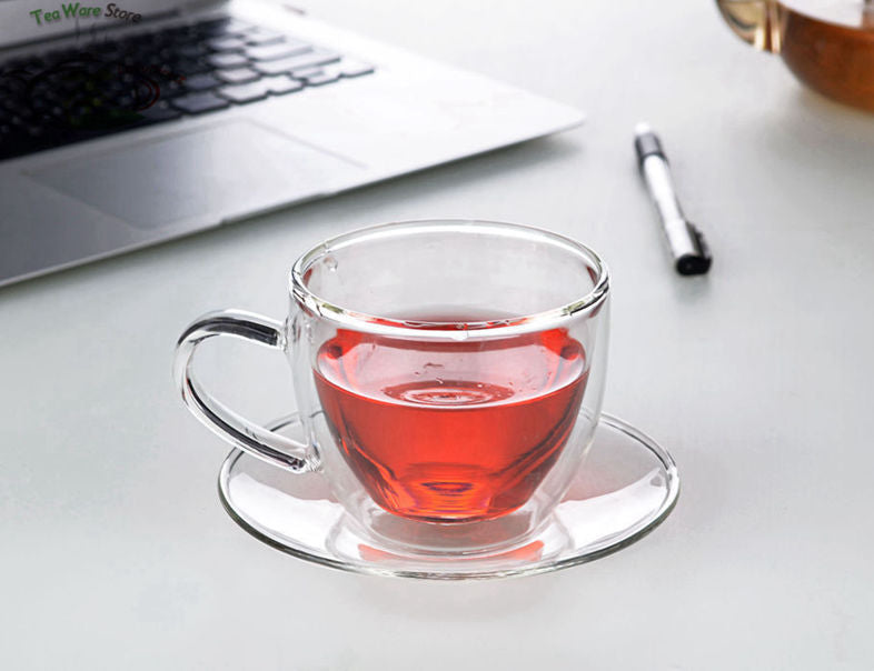 4 pcs/lot New Handmade Tea Cup Set - Heat Resistant Double Wall Tea Coffee Cup 160ml + Saucer