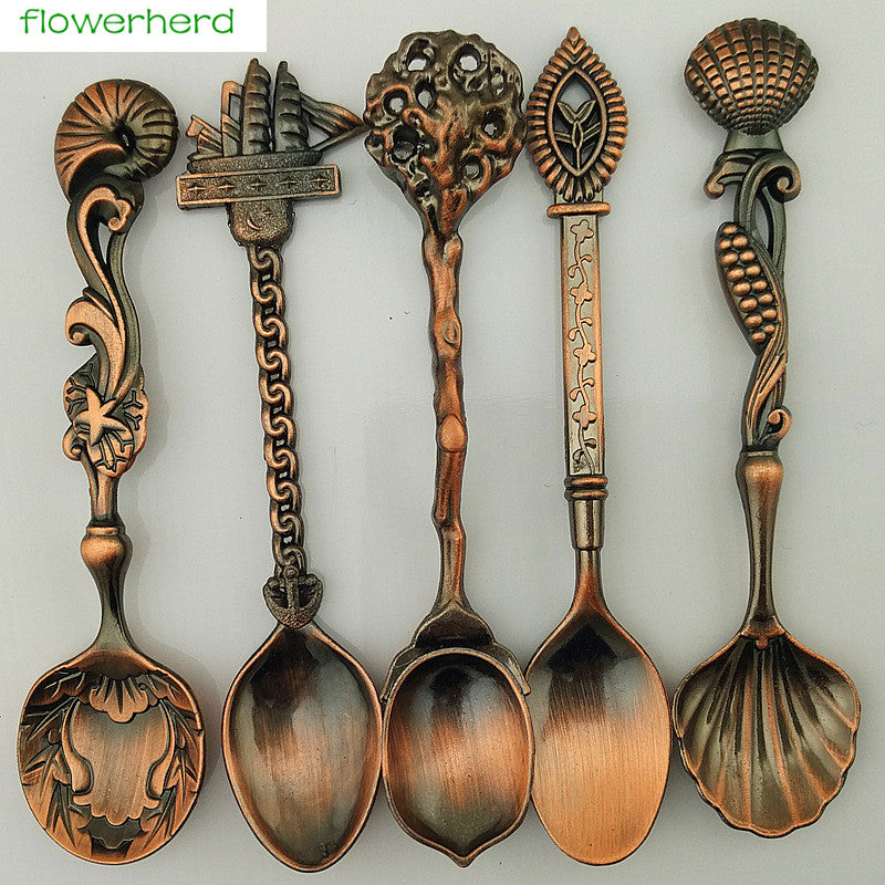 5pcs Vintage Royal Style Bronze Carved Small Coffee Spoon Tea Ice Cream Sugar Cake Flatware Sliver