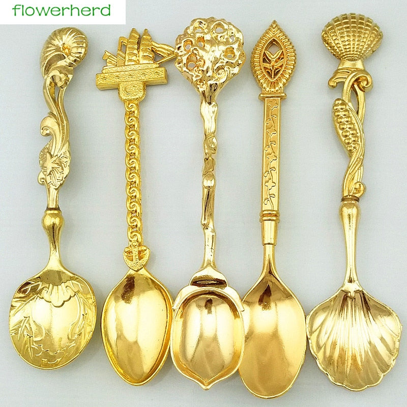 5pcs Vintage Royal Style Bronze Carved Small Coffee Spoon Tea Ice Cream Sugar Cake Flatware Sliver