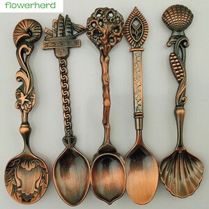 5pcs Vintage Royal Style Bronze Carved Small Coffee Spoon Tea Ice Cream Sugar Cake Flatware Sliver