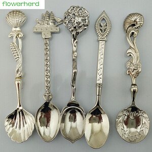 5pcs Vintage Royal Style Bronze Carved Small Coffee Spoon Tea Ice Cream Sugar Cake Flatware Sliver