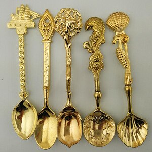 5pcs Vintage Royal Style Bronze Carved Small Coffee Spoon Tea Ice Cream Sugar Cake Flatware Sliver