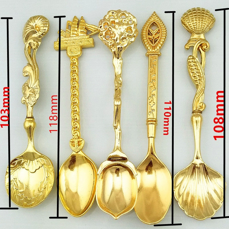 5pcs Vintage Royal Style Bronze Carved Small Coffee Spoon Tea Ice Cream Sugar Cake Flatware Sliver