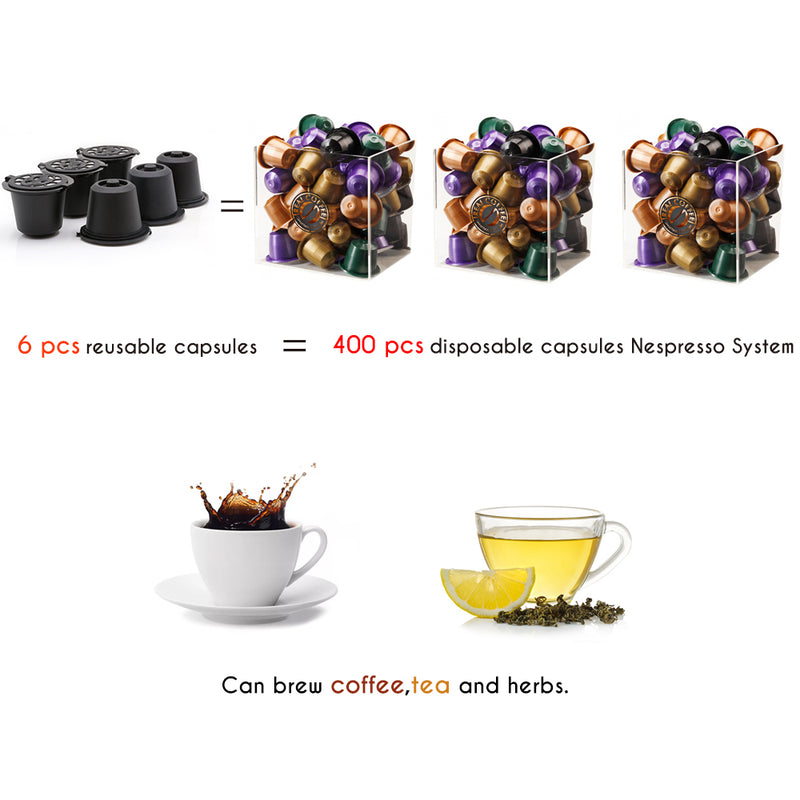 6pcs/lot Coffee Filter Espresso Reusable Refillable Coffee Capsule Filters for Nespresso with Spoon Brush