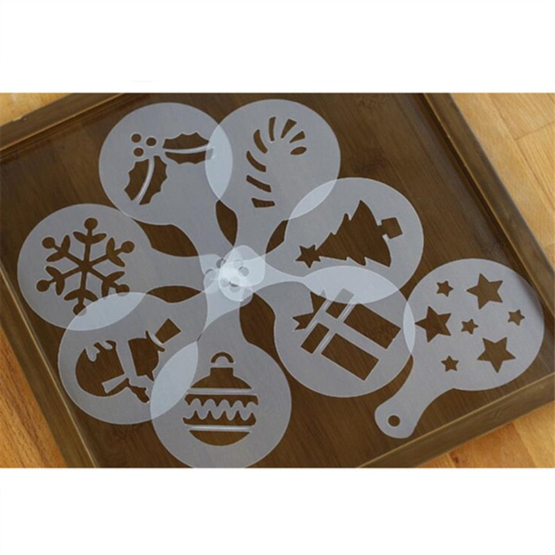 8PCS Christmas Coffee Stencils Cappuccino Tramisu Template Model Cookies Baking Printing Tools Strew