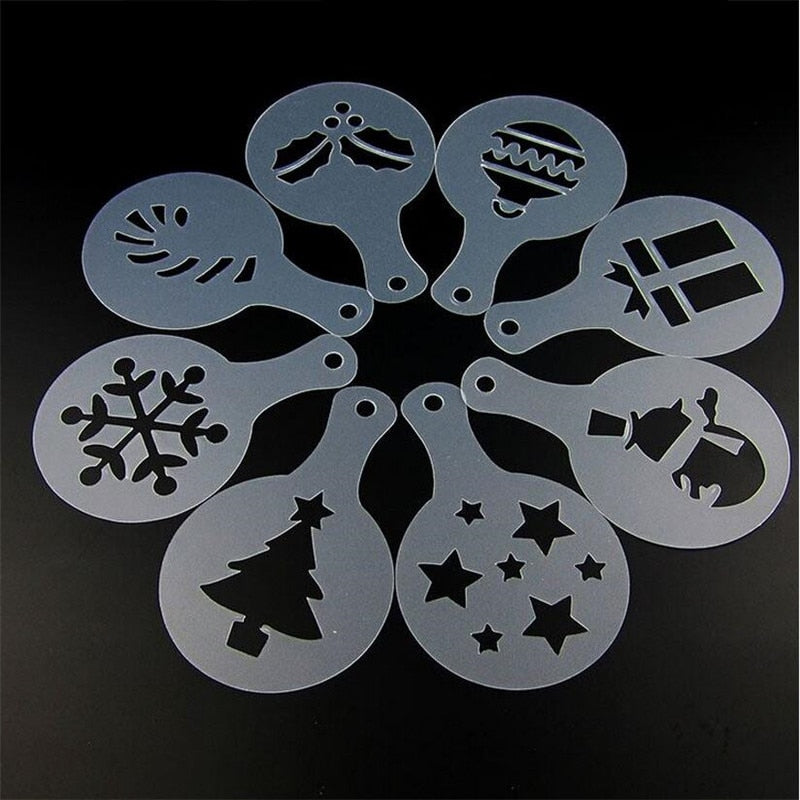 8PCS Christmas Coffee Stencils Cappuccino Tramisu Template Model Cookies Baking Printing Tools Strew