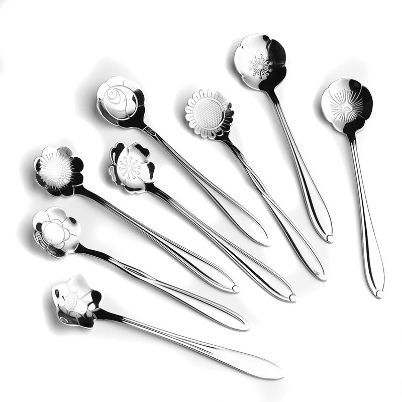 8Pcs Flower Stainless Steel Dessert Ice Cream Coffee Scoop Tea Spoon Kitchen Accessories Coffee