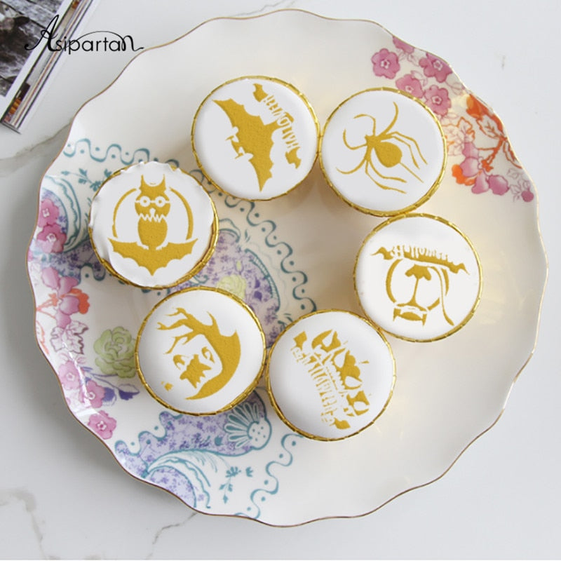 Asipartan 6pcs Owl Bat Tree Halloween Coffee Pull Flower Mold Cake Decorating Tool Cookie Stencil