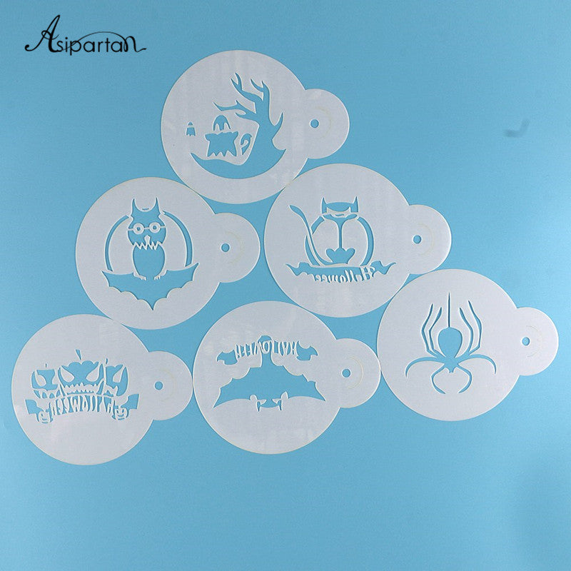 Asipartan 6pcs Owl Bat Tree Halloween Coffee Pull Flower Mold Cake Decorating Tool Cookie Stencil