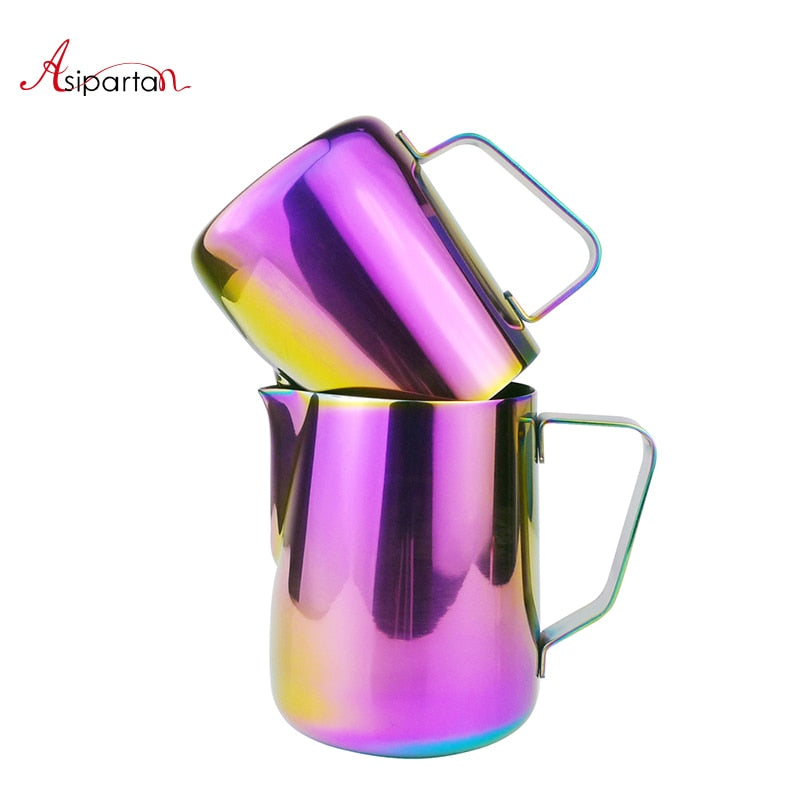 Asipartan Stainless Steel Milk Frothing Jug Espresso Coffee Pitcher Cup Colorful Cappuccino Art Pull