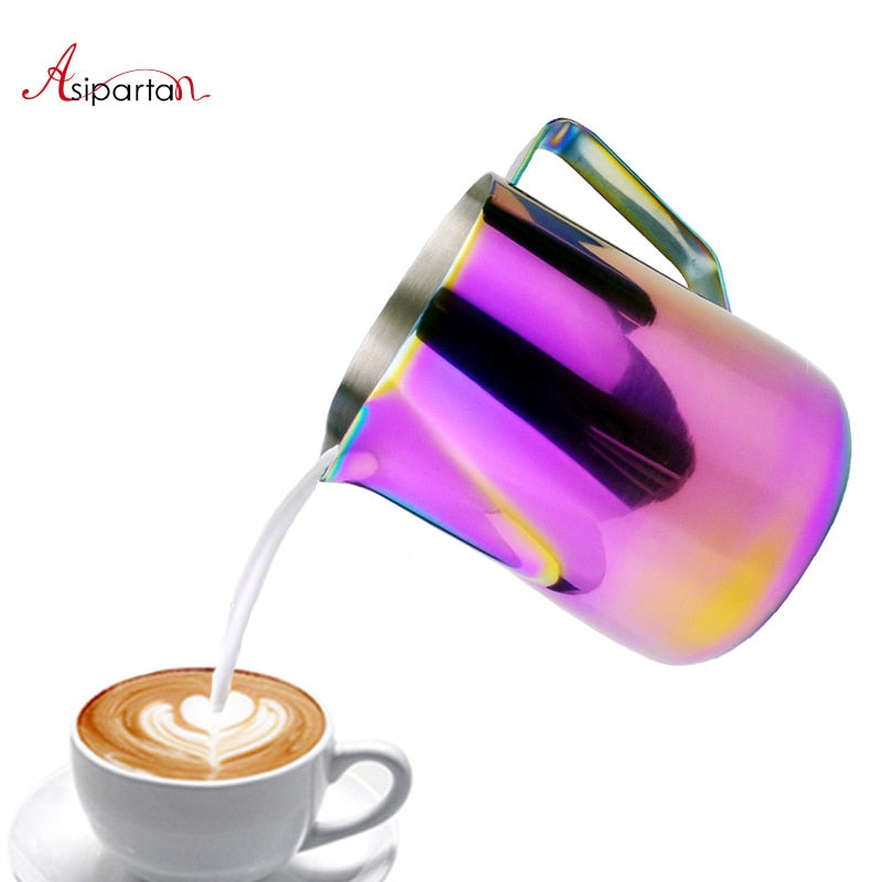 Asipartan Stainless Steel Milk Frothing Jug Espresso Coffee Pitcher Cup Colorful Cappuccino Art Pull