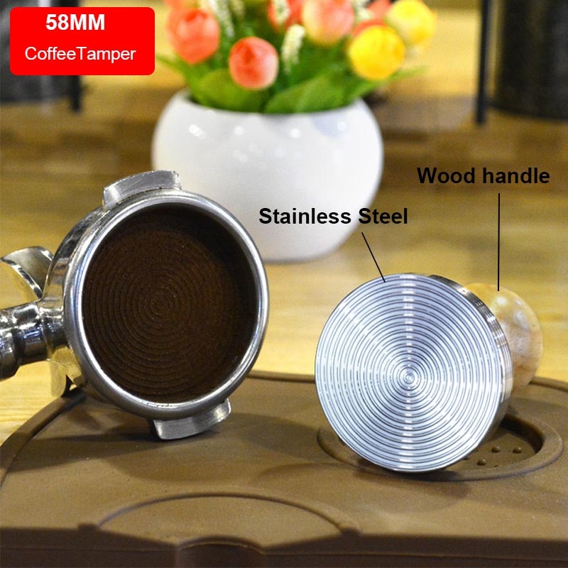 BORREY Espresso Coffee Tamper 58mm Stainless Steel Coffee Tamper Stand With Solid Wood Handle