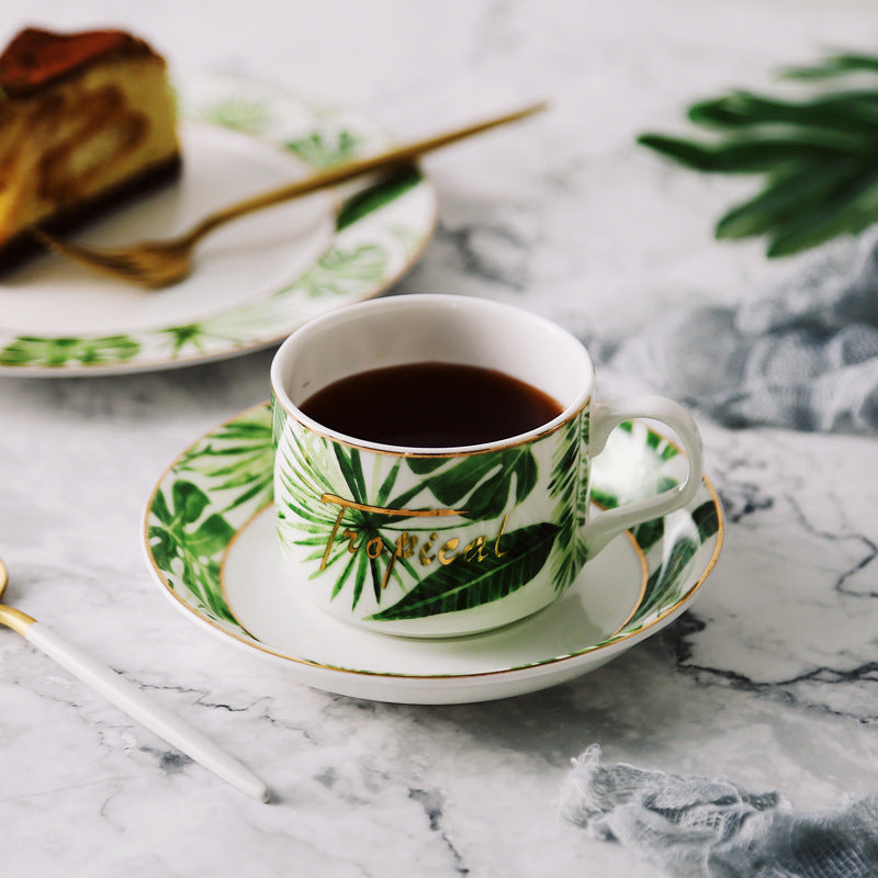 Best Bone China Small Coffee Cup And Saucer Teacup Porcelain Green Plant Pattern Outline In Gold