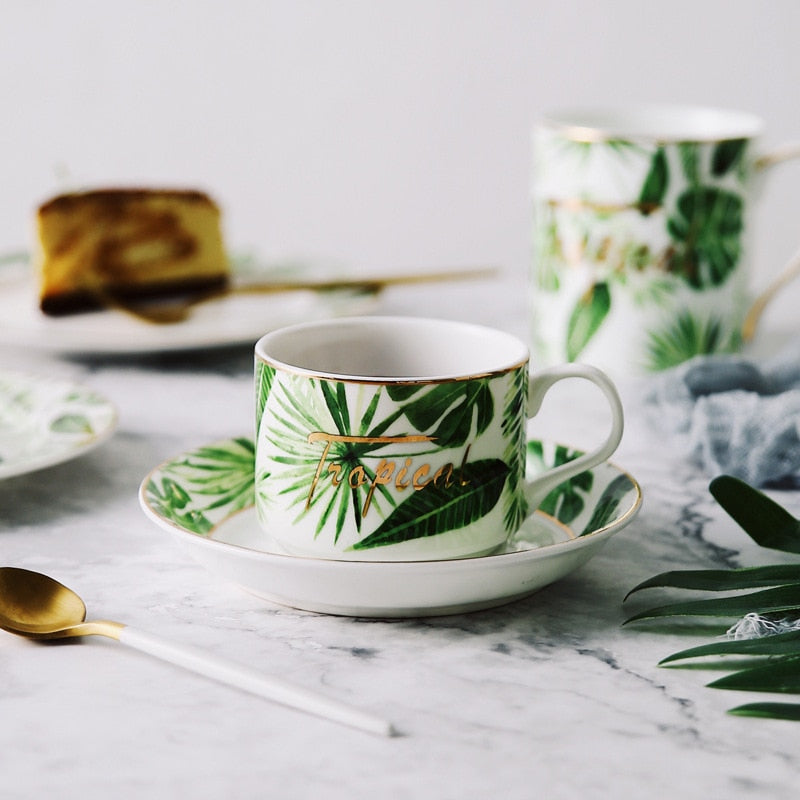 Best Bone China Small Coffee Cup And Saucer Teacup Porcelain Green Plant Pattern Outline In Gold