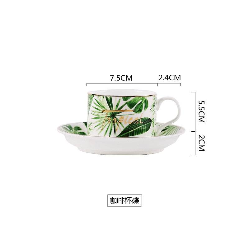 Best Bone China Small Coffee Cup And Saucer Teacup Porcelain Green Plant Pattern Outline In Gold