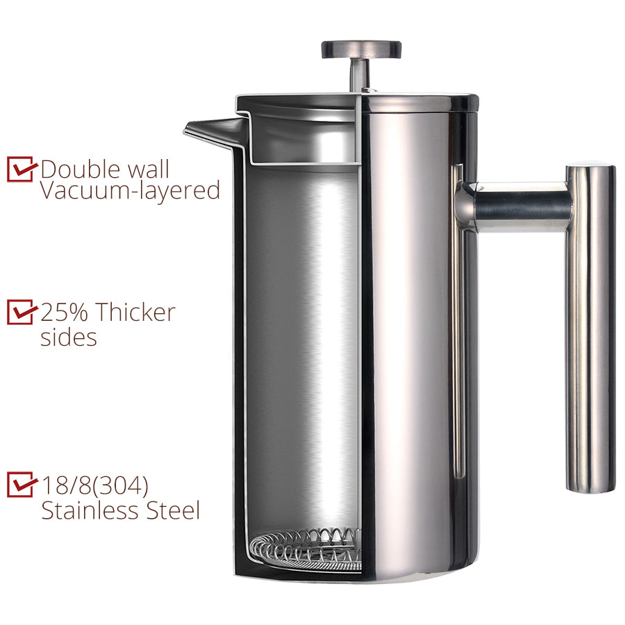 Best French Press Coffee Maker - Double Wall 304 Stainless Steel - Keeps Brewed Coffee or Tea