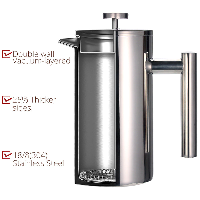 Best French Press Coffee Maker - Double Wall 304 Stainless Steel - Keeps Brewed Coffee or Tea